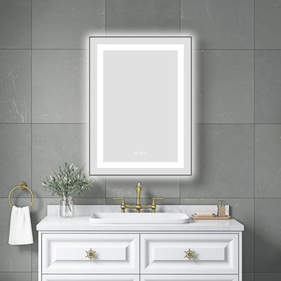 Miroir de salle de bain 24 po x 32 po à DEL avec façade et rétroéclairage, fixation murale, brouillard, 3 températures de couleur, gradation continue, cadre en aluminium, bois de frêne, mémoire de meuble-lavabo, couleurs, réflexion à intensité variable,
