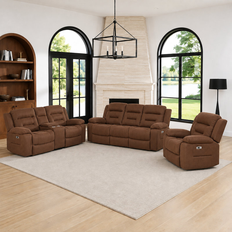 Ensemble 3 pièces de canapé inclinable électrique en microfibre avec port USB et console de rangement, Brun