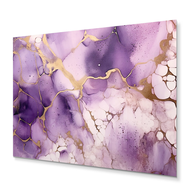 Mauve et or marbré, nuages d'encre VII - fractales, impressions sur métal, H 16 po x l 32 po