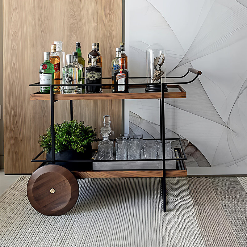 31.5" Minimalist Iron Bar Cart with Large Decor Wheels, Double-Tier Rolling Trolley, Movable Storage & Display Side Table