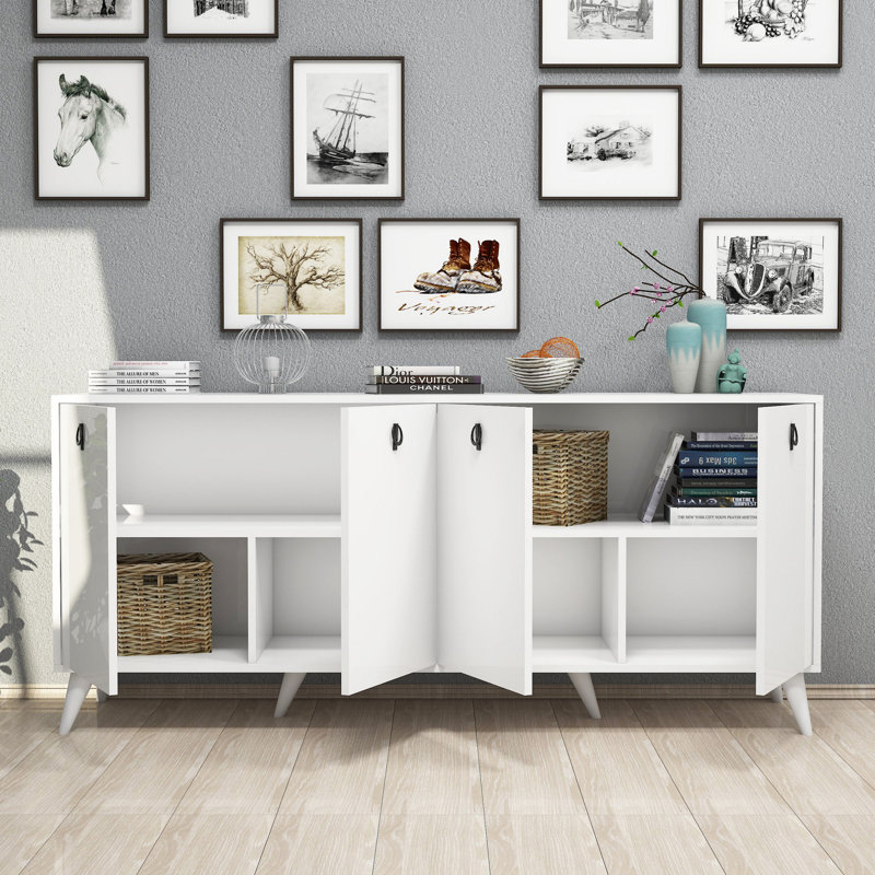 Console moderne blanche avec plusieurs tablettes, 70,9 po x 31,5 po x 17,7 po | 100% panneau de particules enduit de mélamine, épaisseur: 0,7 pouce | Conception murale et élégante pour les solutions de rangement de salon et d'entrée