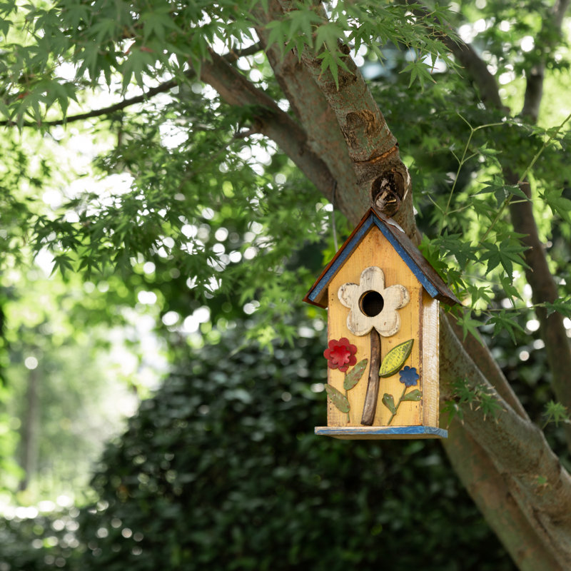 Yellow Distressed Solid Wood Birdhouse with 3D Flowers
