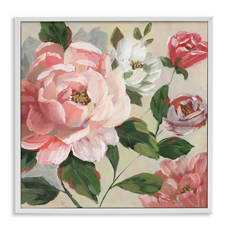 Rose rose et pivoines, estampe numérique, conception de Nan, H 12 po x l 12 po, Estampe numérique encadrée blanc bord de mer