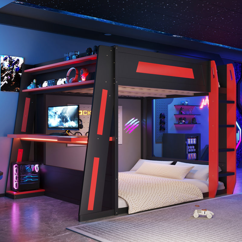 Wooden Gaming Bunk Bed with Desk, Storage Shelves, USB Charging Port and LED Light, Queen, Black/Red