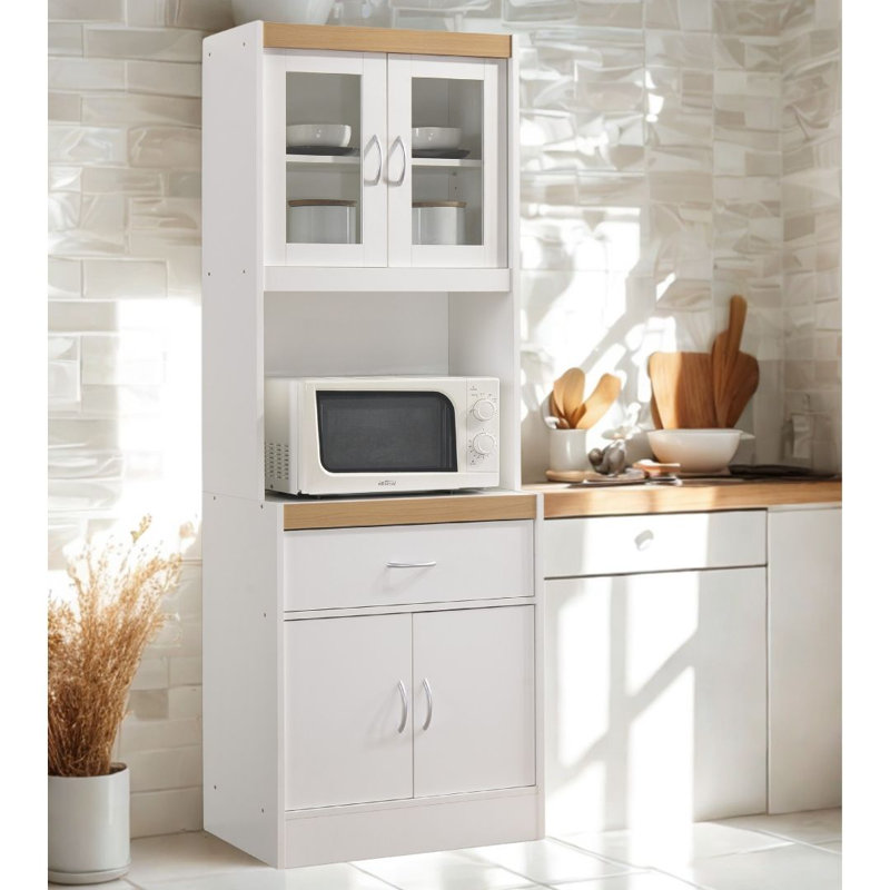 Armoire de cuisine avec présentoir en porcelaine de 22,7 pouces de large avec rangement, tablette à micro-ondes et tiroir à ustensiles de cuisine
