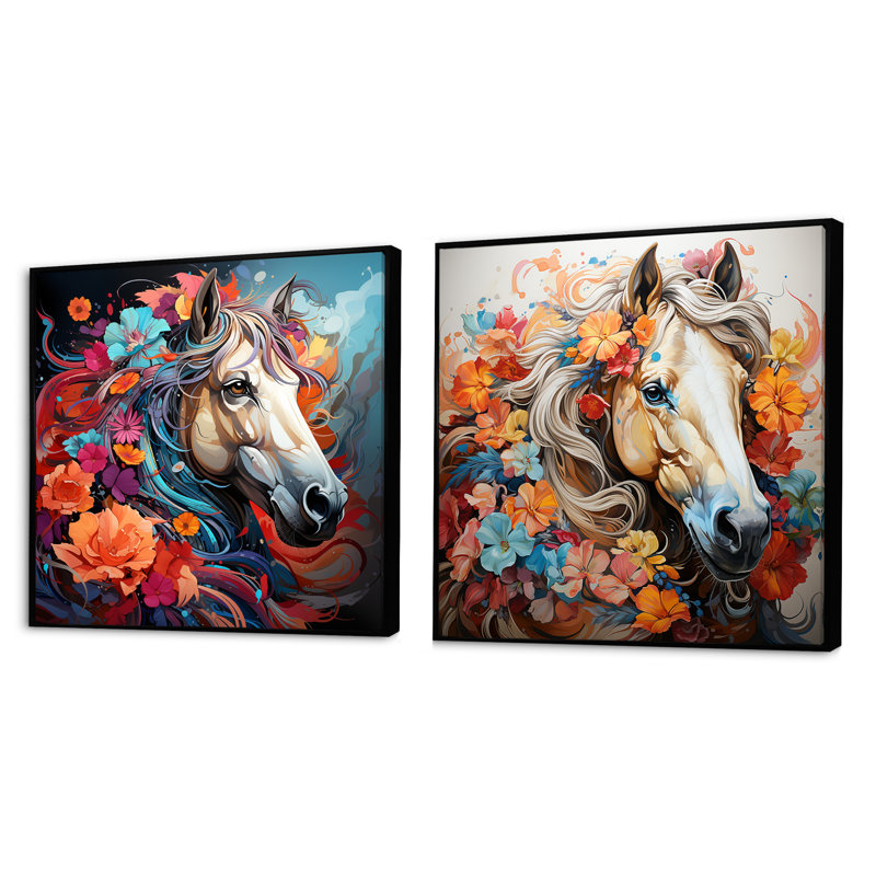 Popart Horse Portait - Ensemble de 2 animaux carrés, Cadre flottant noir, H 16 po x l 33 po