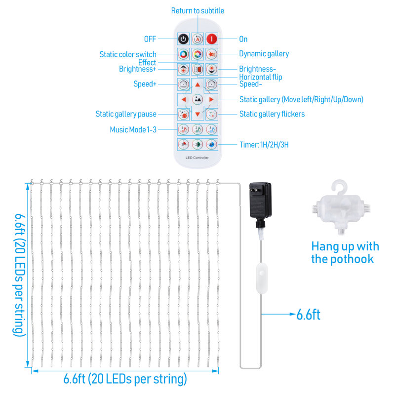 6.6FT × 6.6FT Smart LED Curtain Light, 400 Leds Window String Light with Remote, Outdoor Curtain String Lights for Halloween Christmas