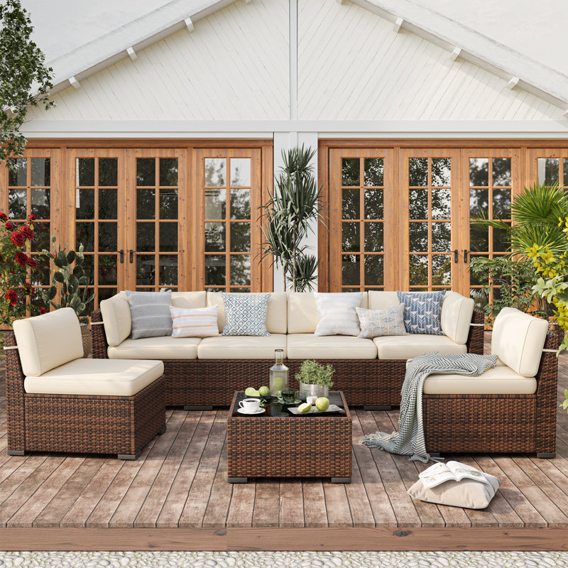 6 Person Rattan Sectional Seating Group With Cushions, Beige, No
