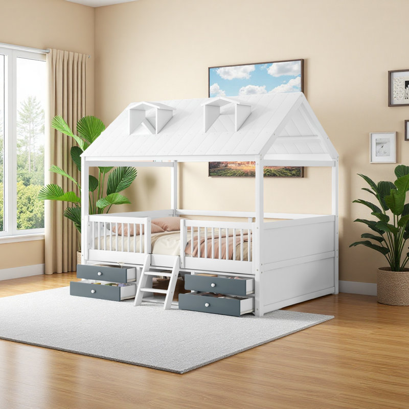 Wood Bed House Bed Frame, Full, White