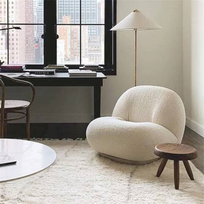 Modern Puffseat Lounge Chair with Swivel Base and Bouclé Upholstery