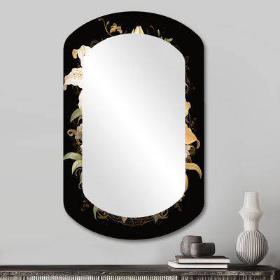 Calles Blooming White Retro Lily Flower - Lily Cylinder Decorative Mirror, Beige Asymmetrical Wall Mirror, Printed Metal Art
