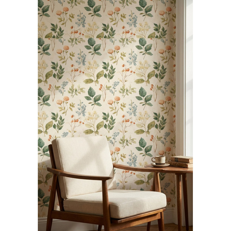 Papier peint floral, botanique, décoration murale rétro