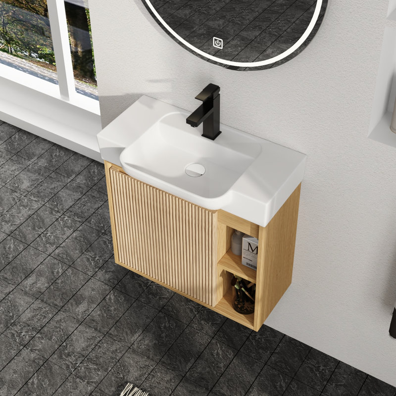 Meuble-lavabo simple Marnar 24 po avec comptoir en céramique, meuble-lavabo mural avec lavabo en céramique, Light Oak, 24"