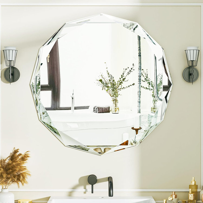 Round Beveled Edge Frameless Bathroom Vanity Mirror, Decorative Wall Accent Mirror, 20"×20"