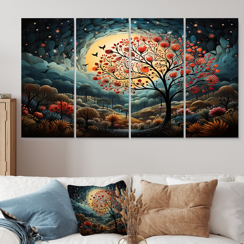 «Blue Horizon of Heart Trees Landscape I - Tree», art mural 4 pièces, H 28 po x l 48 po