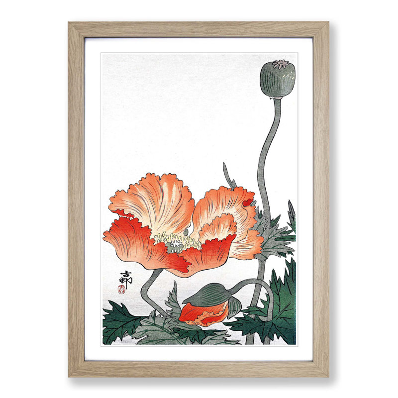 Poppy Flower by Ohara Koson - Picture Frame Painting Print, 36cm H x 27cm W x 2cm D, Oak Framed