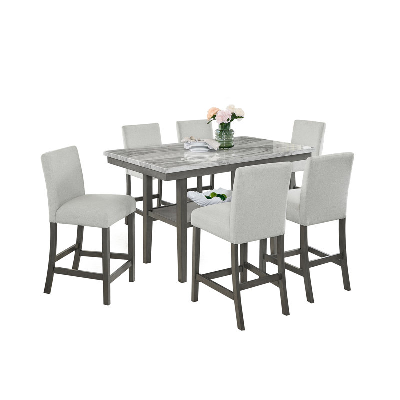 Ensemble de salle à manger à hauteur de comptoir en faux marbre gris 60 po 7 pièces avec tablette de rangement et chaises rembourrées gris clair Luna