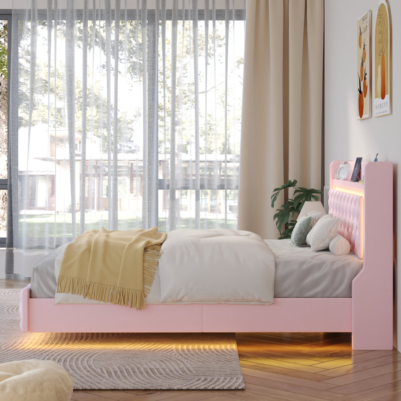 Floating Queen Bed Frame With LED Light, Upholstered Platform PU Leather Bed With Charging Station & Wingback, Diamond Tufted Storage Headboard & Footboard, No Box Spring Needed