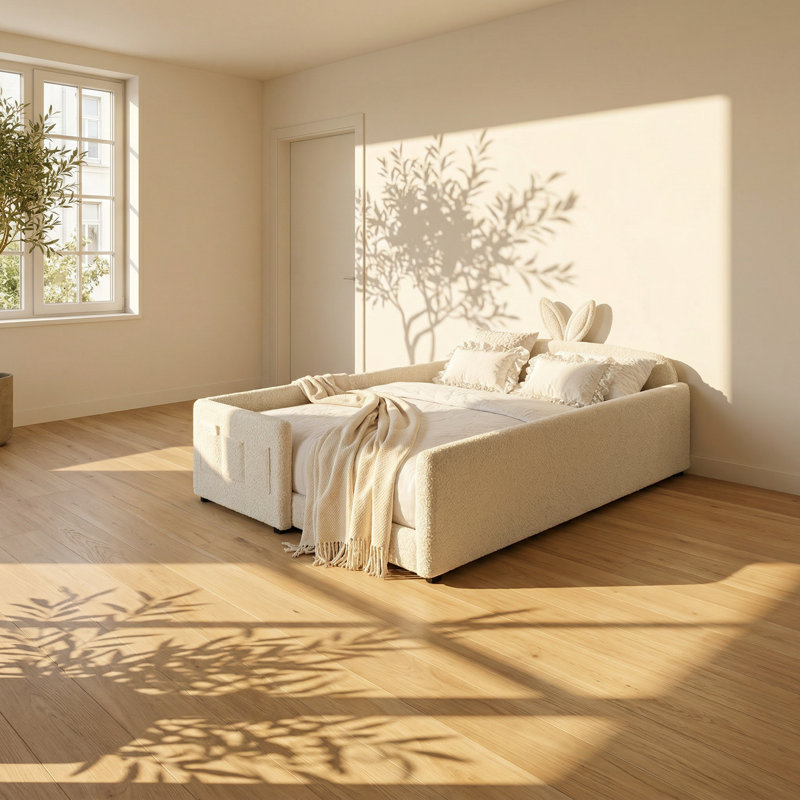 Structure de lit plateforme tapissier Aurelia l 75,5 po x P 83 po x H 25 po, Beige