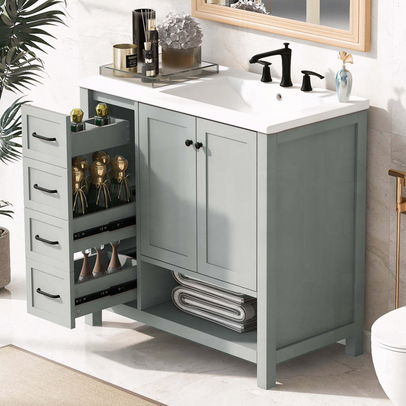 Meuble-lavabo moderne de 36 pouces avec lavabo en céramique et tablette ouverte, Gris
