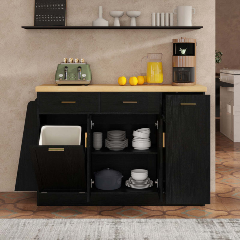 Buffet de rangement multifonctionnel, rangement pour poubelle, armoire à porte coulissante et support à épices à 3 niveaux, îlot de cuisine pour la cuisine, salle à manger (aucune source d'alimentation nécessaire)