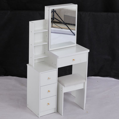 Compact Left Bedside Dresser Vanity, Includes Cushioned Chair & Extra Large Sliding Mirror, Multi-Layer Storage, Elegant White For Tiny Spaces Small Space- Cabinet Vanity Table, With Padded Stool Big