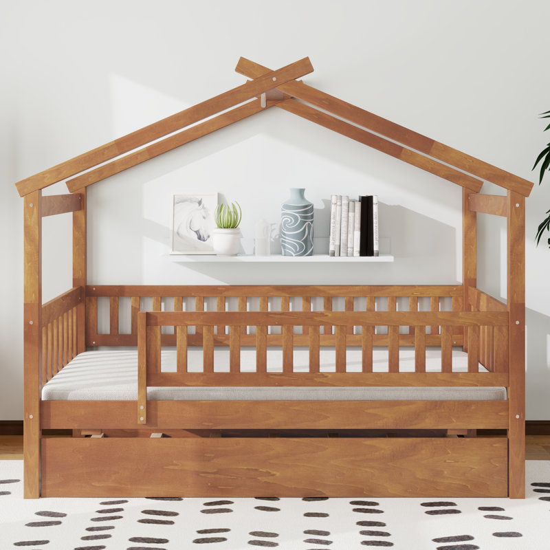 Twin wooden house bed with trundle, Noyer