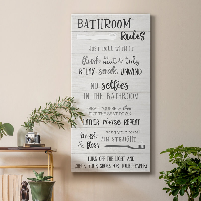 «Bathroom Rules», art textuel sur toile tendue, H 24 po x l 12 po x P 1 po
