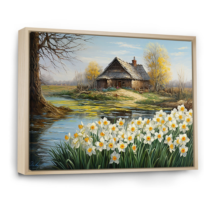 «White and Yellow Daffodils Country Charm I», reproduction sur toile, Cadre naturel flottant, H 24 po x l 32 po