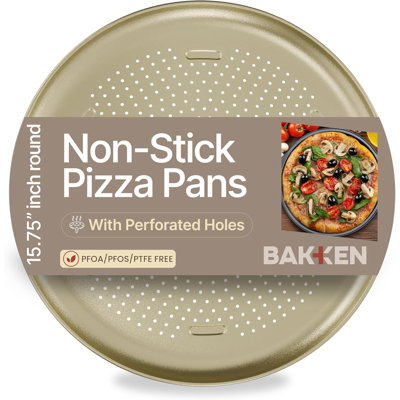Ensemble de 1 plaque à pizza antiadhésive 16 pouces Bakken, plateau rond en acier au carbone avec trous perforés, sans PFOA, Pfos et sans PTFE, va au lave-vaisselle et au four jusqu'à 450 ° F, revêtement antiadhésif durable, or