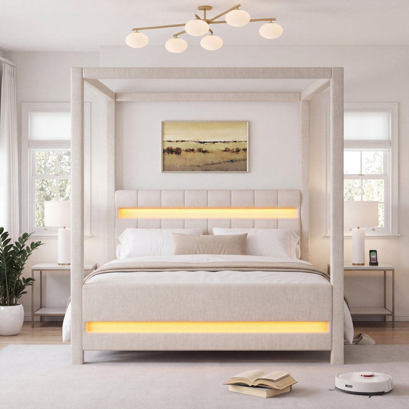 Grand lit plateforme à baldaquin tapissier avec lumières DEL, tête de lit, beige, Non
