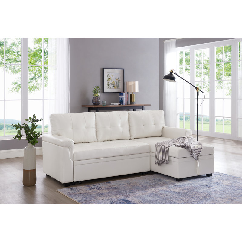 Canapé-lit modulaire en L avec rangement Drashti, Similicuir blanc