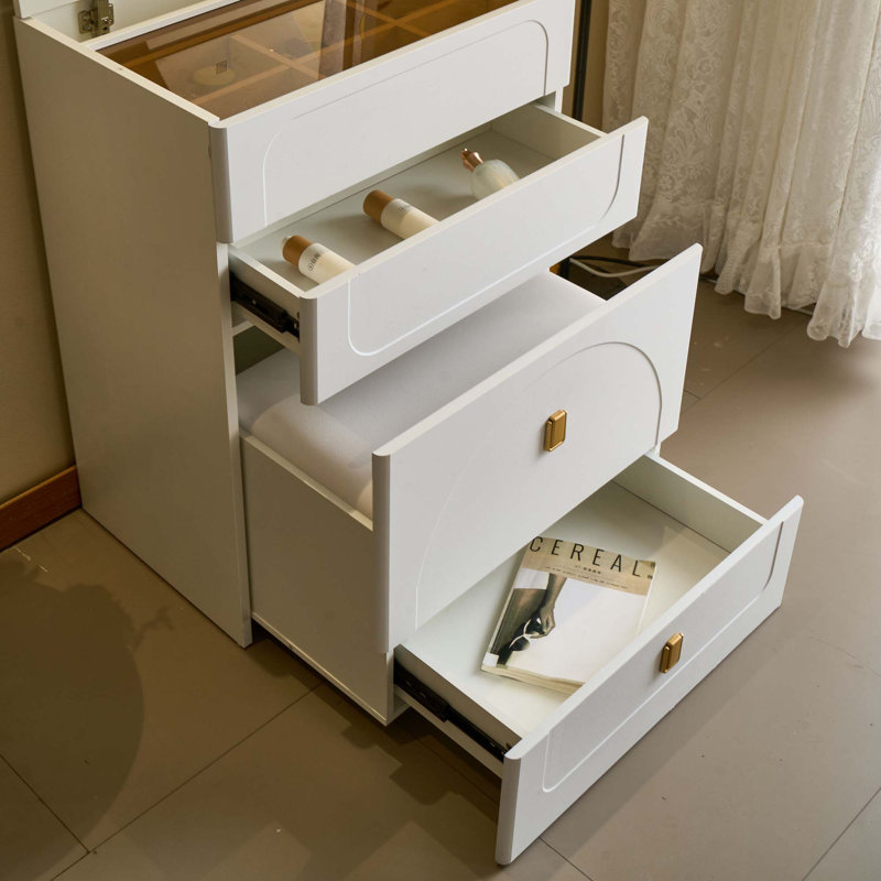 Ensemble de coiffeuse 3 en 1, ensemble de coiffeuse avec miroir et 3 tiroirs, petite coiffeuse avec tabouret rembourré, coiffeuse compacte pour chambre à coucher
