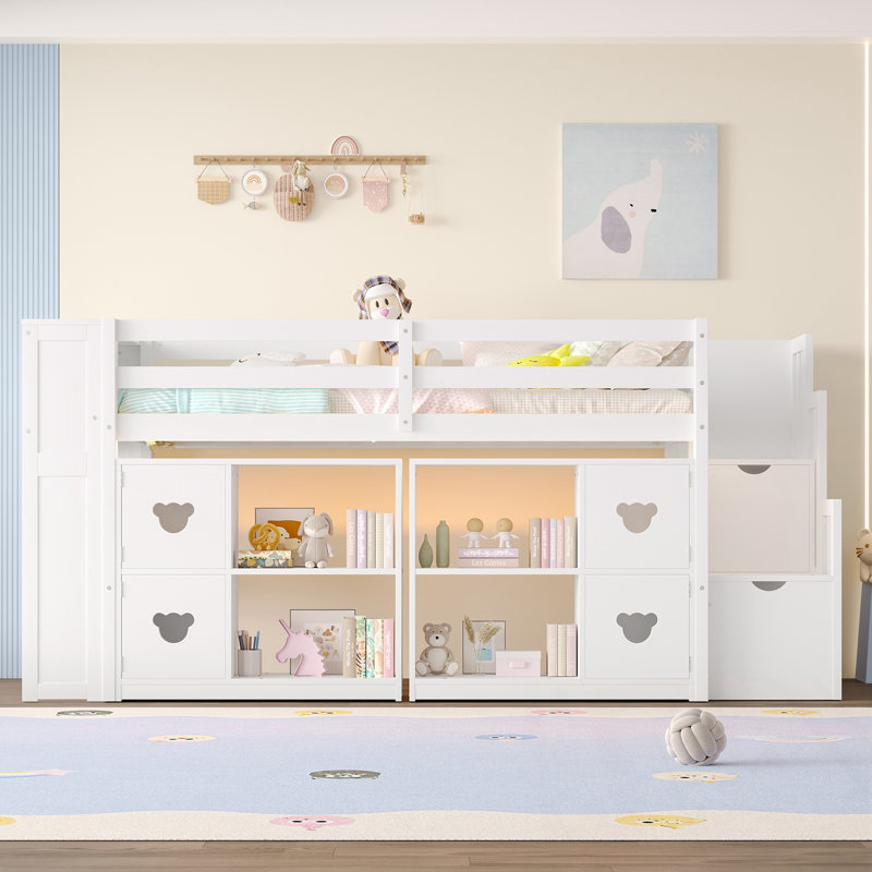 Lit simple mezzanine bas avec tablettes et armoires de rangement, Blanc