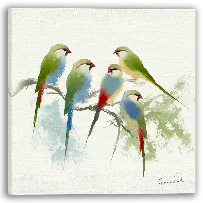 Cinq oiseaux colorés, reproduction d'art sur toile, H 12 po x l 12 po x P 1 po