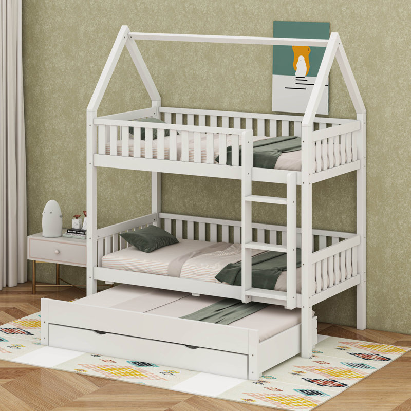 Lit superposé simple au dessus d'un lit simple avec lit gigogne et tiroirs de rangement, lit superposé avec toit Playhouse, cadre de lit de maison en bois