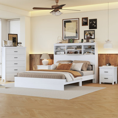 Ensemble de chambre à coucher 4 pièces avec grand lit en bois rétro avec 2 tables de chevet et 1 commode, blanc