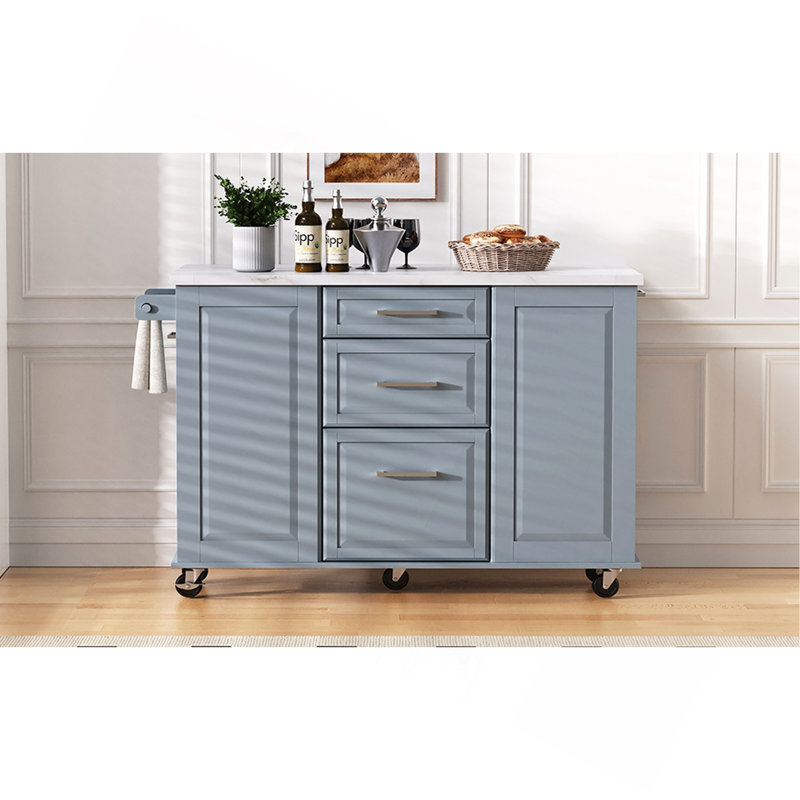Îlot de cuisine de 50,7 po avec rangement, poubelle inclinable et organisateur de rangement escamotable, îlot de cuisine sur roulettes à 5 roulettes avec abattant, 2 tiroirs, 1 porte pour la cuisine, la salle à manger
