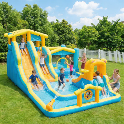 ECLIFE 19.3' x 12'Inflatable Water Slide Bounce House, Bouncy Castle with Splash Pool, Climbing Wall & Basketball Hoop with 650W Air Blower for Outdoor Backyard Fun