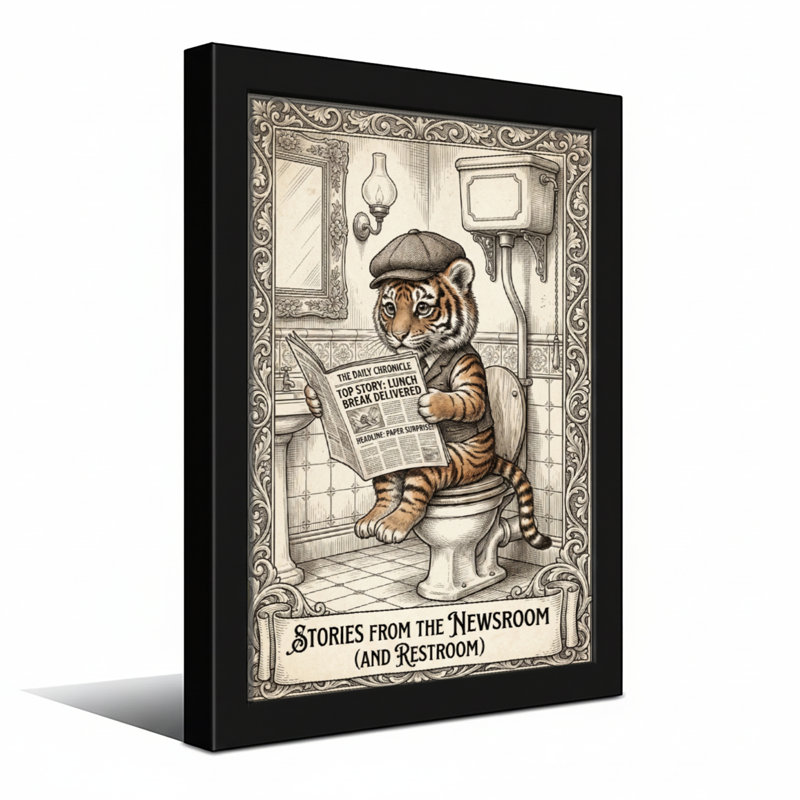 Bath and Laundry Tiger lisant un journal sur la toilette dans la salle de bain, H 24 po x l 16 po, Toile tendue