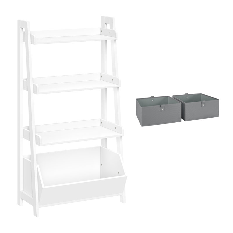 RiverRidge Kids 4-Tier 24in Ladder Shelf Toy Organizer and Book Storage with 3 Open Display Shelf - White with 2 Half Size Fabric Bins