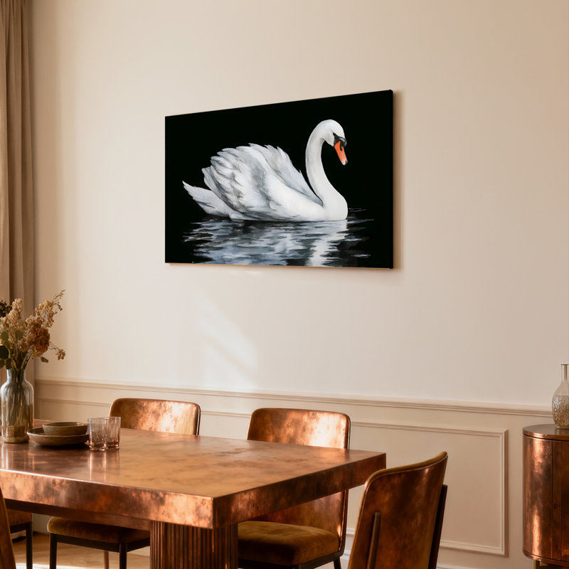 Cygne blanc sur fond noir, reproduction d'art sur toile tendue sur toile, ensemble de 1, H 16 po x l 24 po
