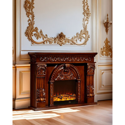 European-style carved decorative electric fireplace with decorative fireplace core and simulated flames
