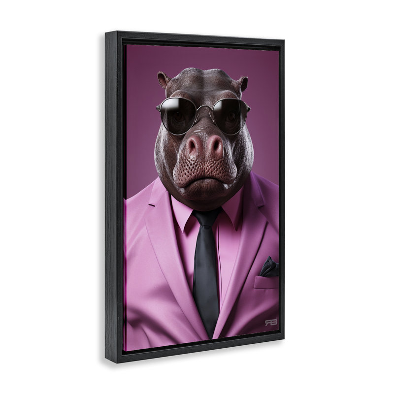 Toile flottante encadrée dorée «Hippo» par Roozbeh Bahramali, H 25 po x l 17 po, Cadre flottant noir de jais
