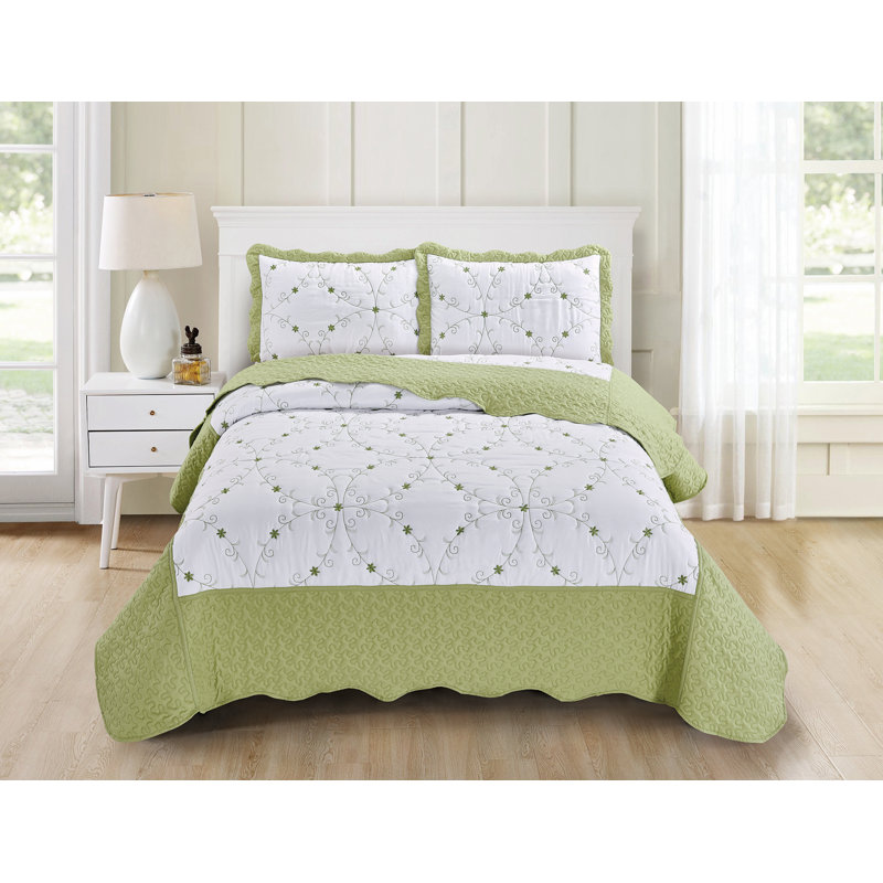 Ensemble de courtepointe réversible en microfibre Margene, Courtepointe pour grand lit + 2 taies décoratives, Vert