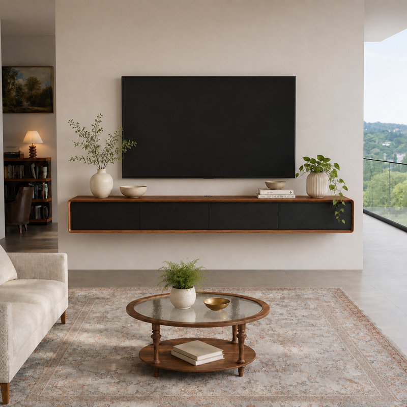 Meuble télé 78,74 po avec 4 tiroirs, console multimédia murale et centre de divertissement en noyer 78,74 po