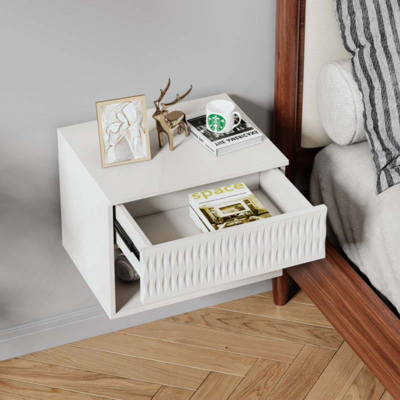 Ensemble de 2 tables de chevet avec armoire murale élégante - tiroir anti-poussière + zone ouverte, rails à 3 niveaux, conception sculptée, anti-vacillement, bricolage, multi-scène