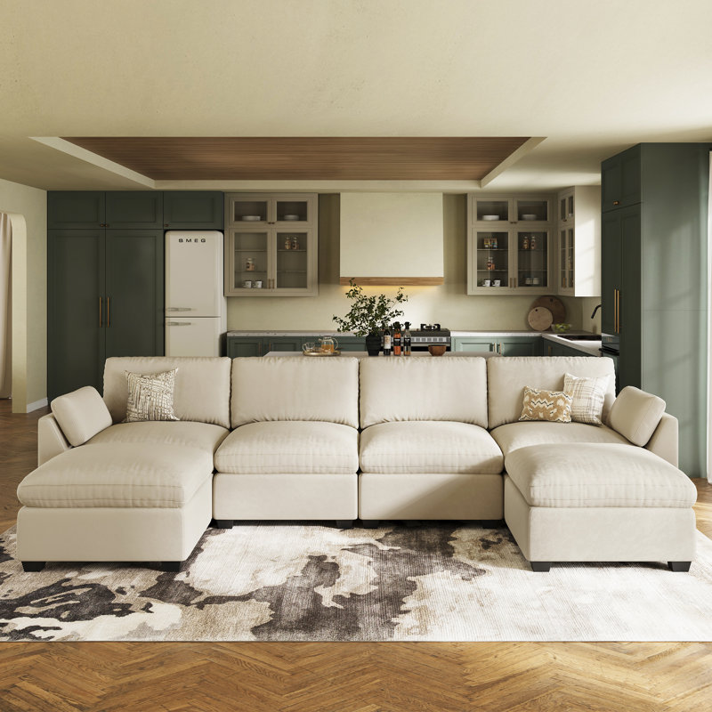 Velvet & Plush Wide Modular Sectional Sofa With Ottomans, L U Shaped Livingroom Sofa, Beige Velvet
