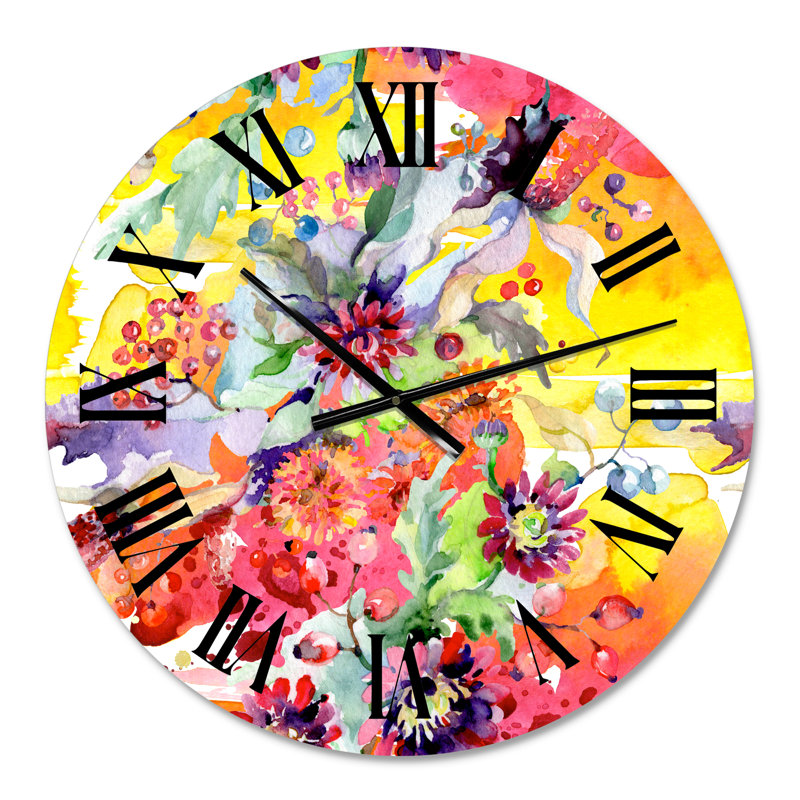 Vibrant Wild Spring Leaves and Wildflowers - Horloge murale moderne, Surdimensionné