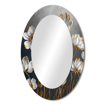 Cornflowers In White And Gold Tones III - Modern Oval Wall Mirror